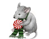 5x7 Giclee Print Christmas Mouse pencil illustration