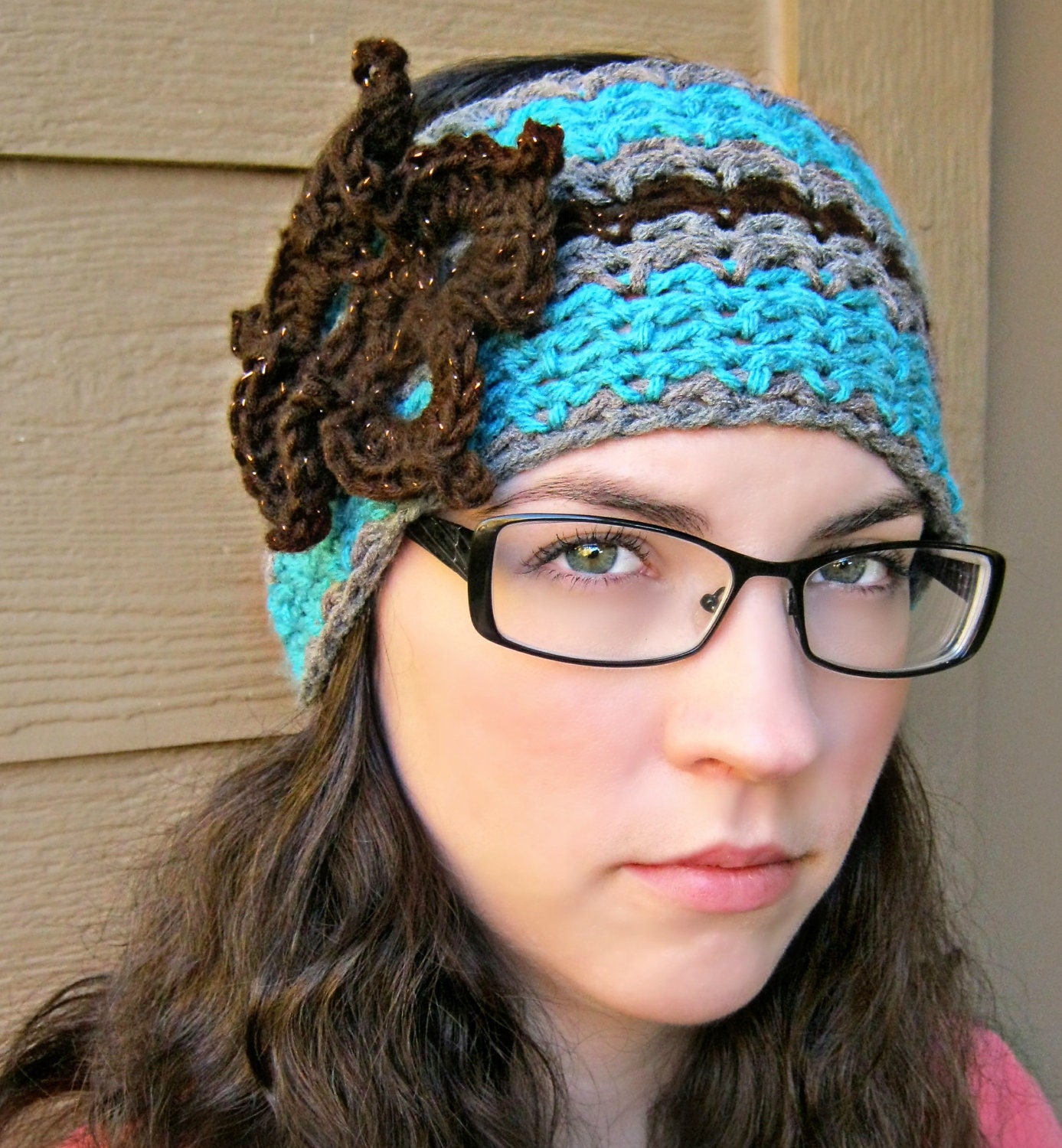 Teal Grey Brown crochet earwarmer ski band