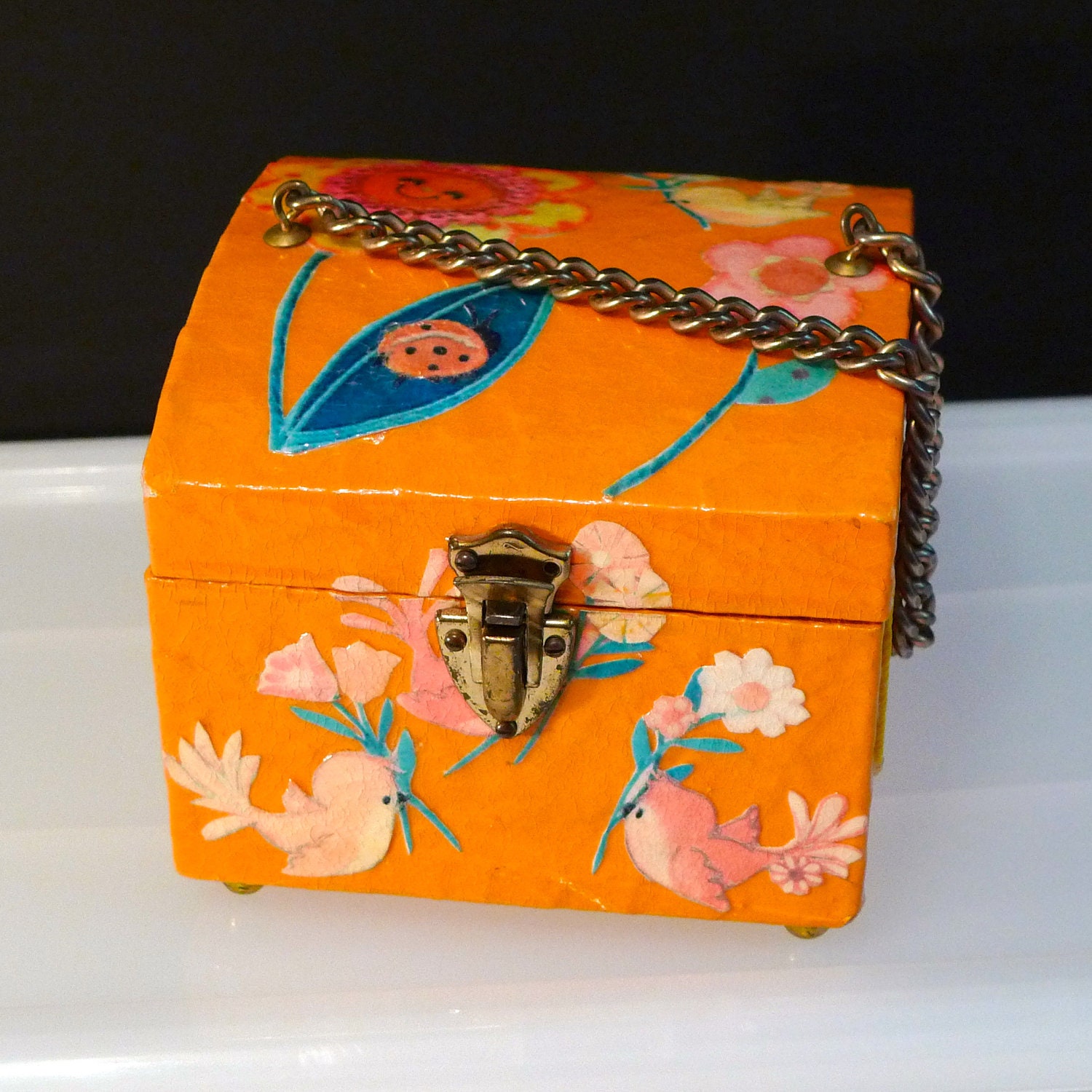 Decoupage box purse 70's Bird Flower Ladybug Mouse Smiling Flower Handmade Kitsch Wood Box Bag handbag OOAK retro vintage  FREE SHIP