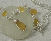 Rare yellow sea glass pendant with yellow opal station necklace, silver plate chain