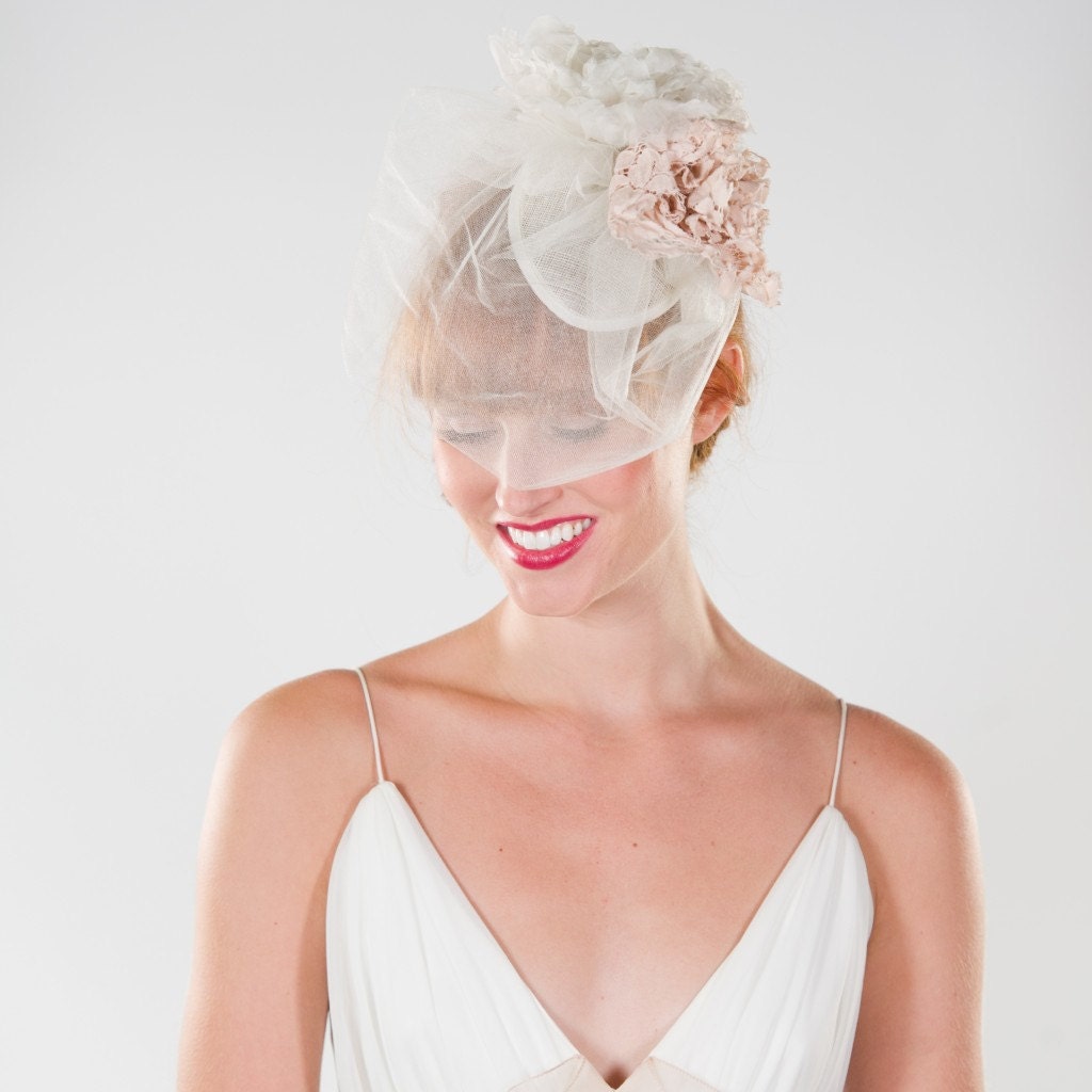 Double Flower Teardrop Fascinator with Double Layer Birdcage Veiling