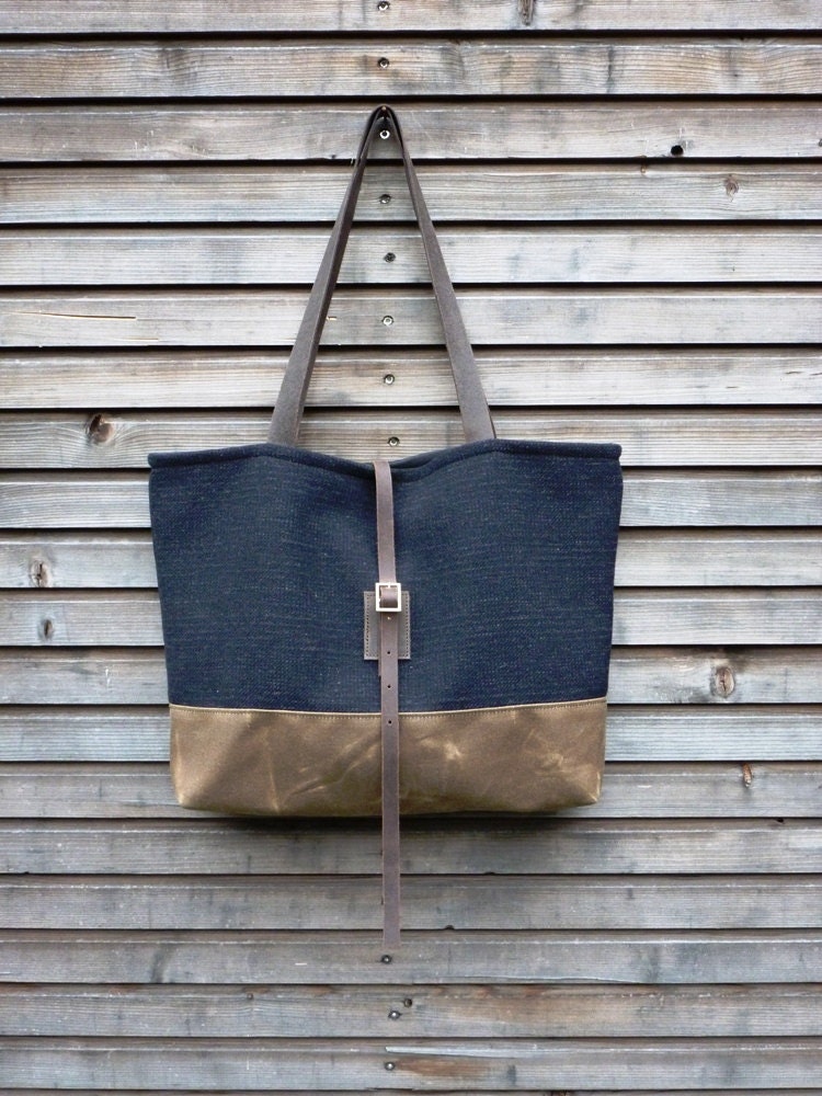 Wool tote bag with waxed leather handles and waxed canvas bottem UNISEX