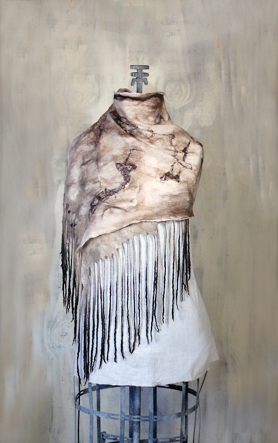 Nuno Felt Silk Scarf Natural Buff Pecan Brown Hand Dyed Art Scarf