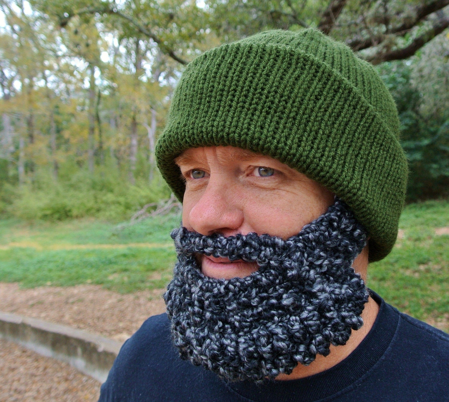 Beard Hat Knit Beanie Olive w Salt N Pepper Crochet Beard- Made to Order