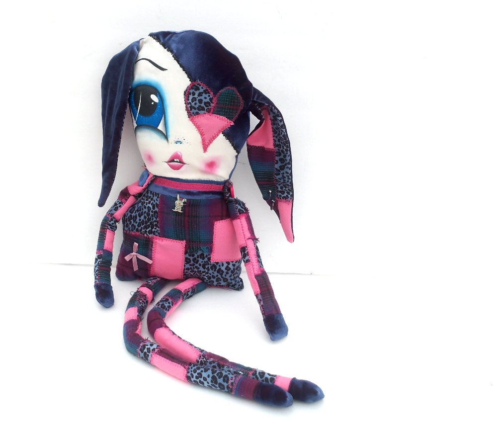 Art Doll Plushie Stuffed The Original Handmade Oddling Patches the Big Eye Bunny
