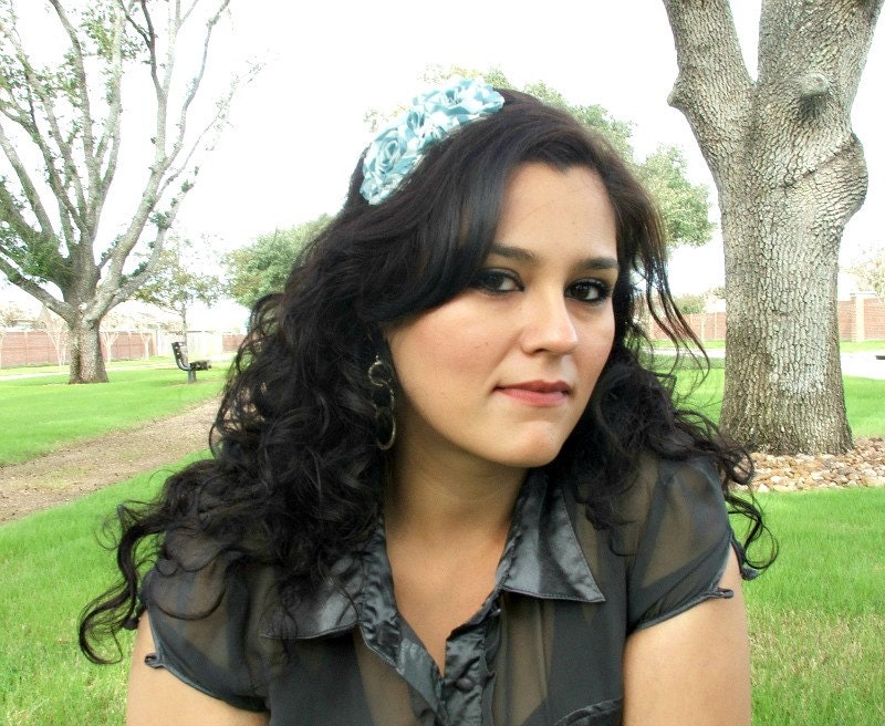 Shabby Chic Flower Headband in Blue Stripes for Women & Teens, Blue Hair Accessories