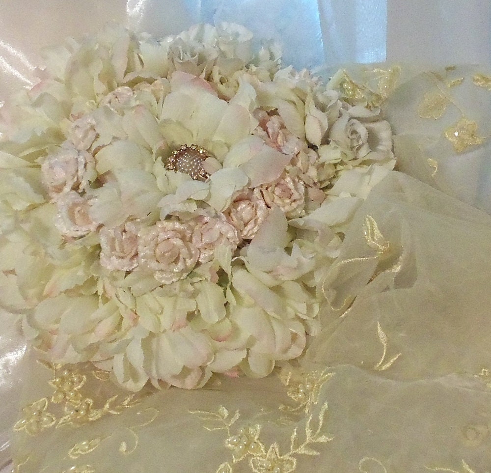 Flower Headpiece with pale yellow veil, Blush Blossoms n ivory petals, vintage couture, Victorian Noir bridal head piece, OOAK