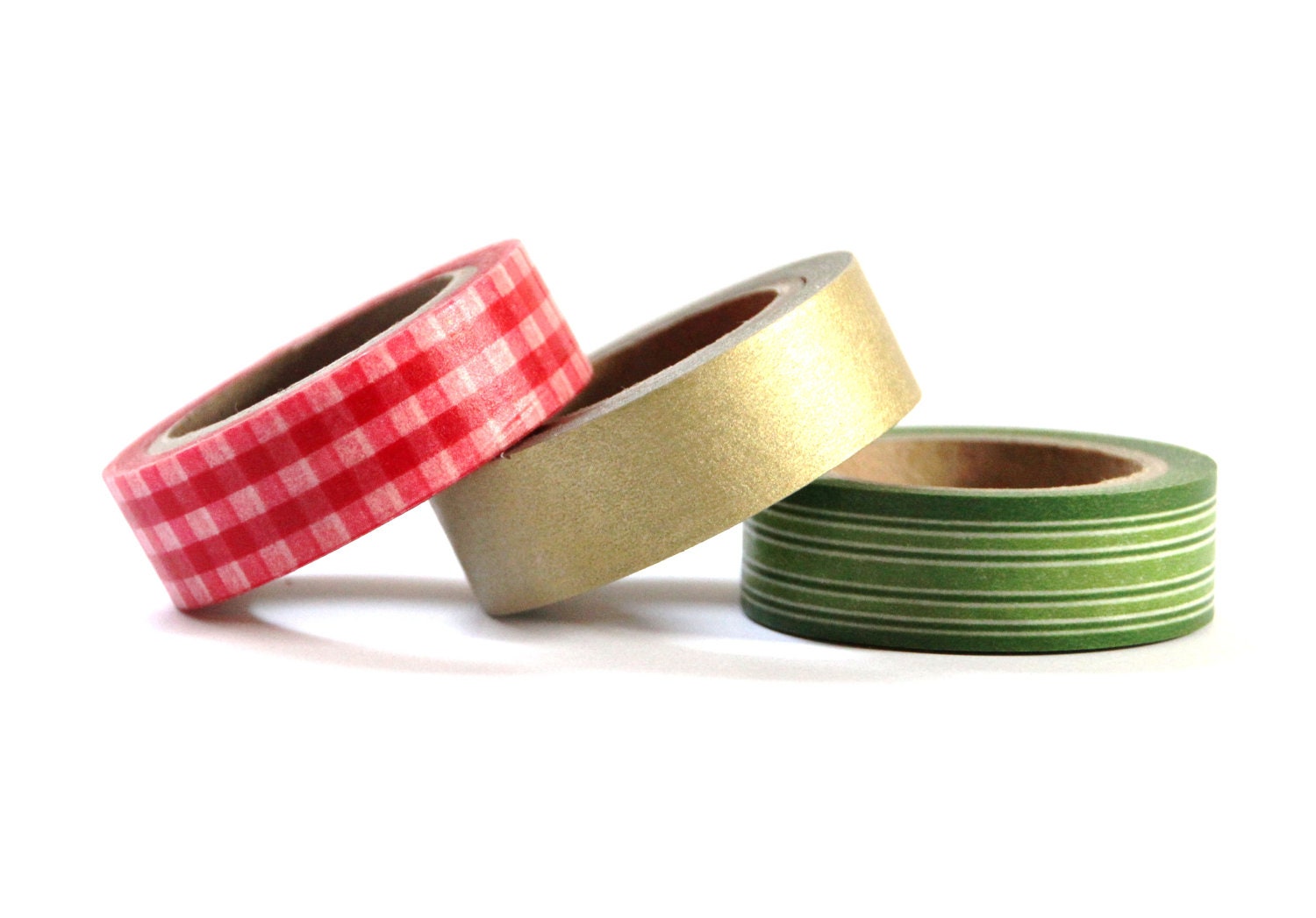 Set of 3 Rolls - Christmas Holiday Set of Red & White Gingham, Gold, and Green Stripe Masking Tape / Washi Tape (.60 inches x 33 feet) - BahanaSplitsBoutique