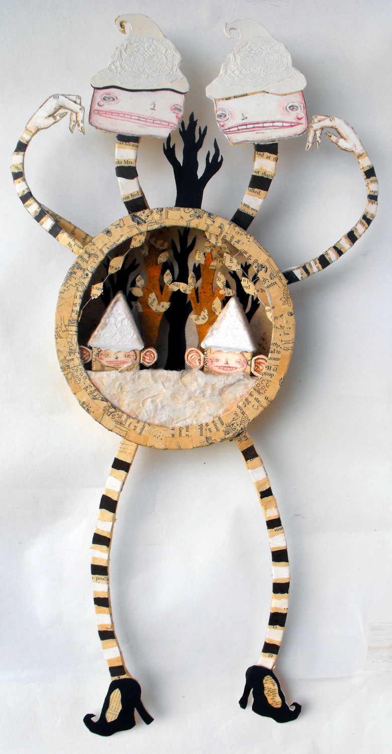 Siamese Twin Witch - Paper Sculpture - Shadow Box - Shadow Puppet - Fine Art Diorama