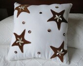 Starfish and Seashells Pillow Brown and White Nautical Decor for Coastal Living by searchnrescue2
