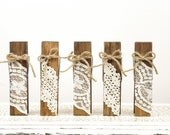 Wood Clothespins Table Number Holders with Vintage Lace and Twine - Set of 5