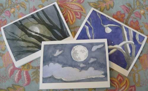 Greeting Card Set: Winter Solstice Watercolor Night Skies with Moon