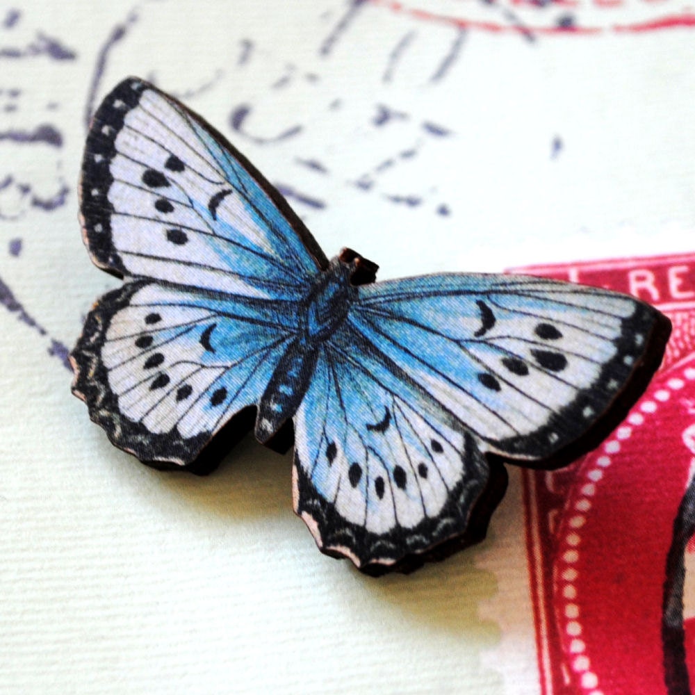 Vintage Wooden Butterfly Decoupage Brooch - Chalkhill Blue