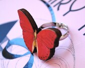 Wooden Butterfly Ring - Adjustable, Vintage Decoupage, Red