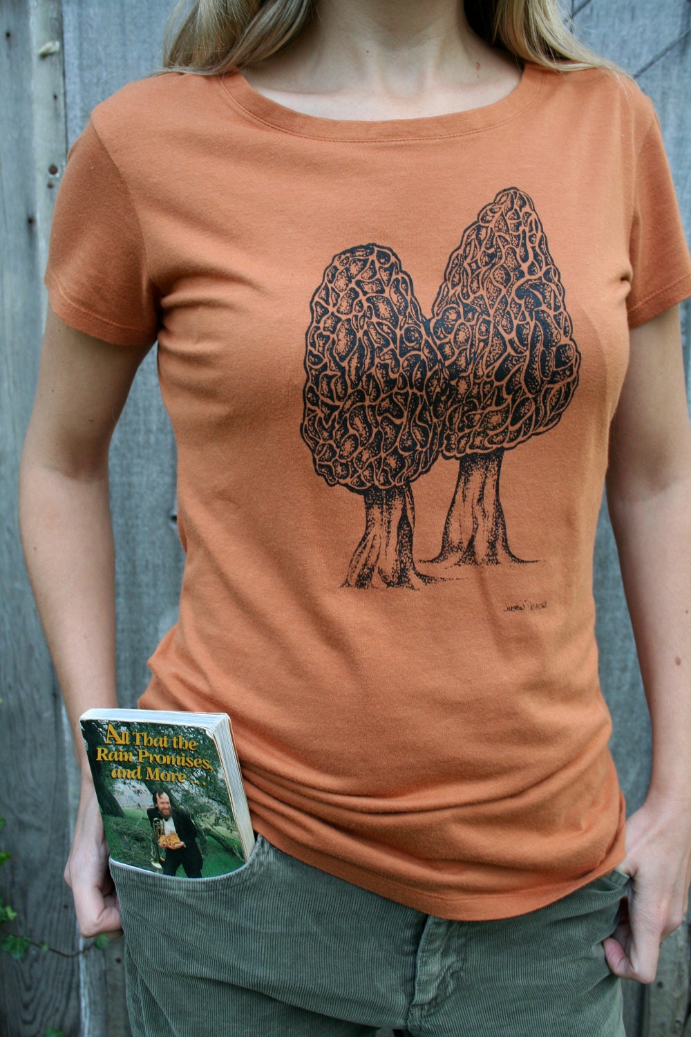 Bamboo Women's Morel Mushroom Screen Printed T Shirt Rust MEDIUM- Made to Order