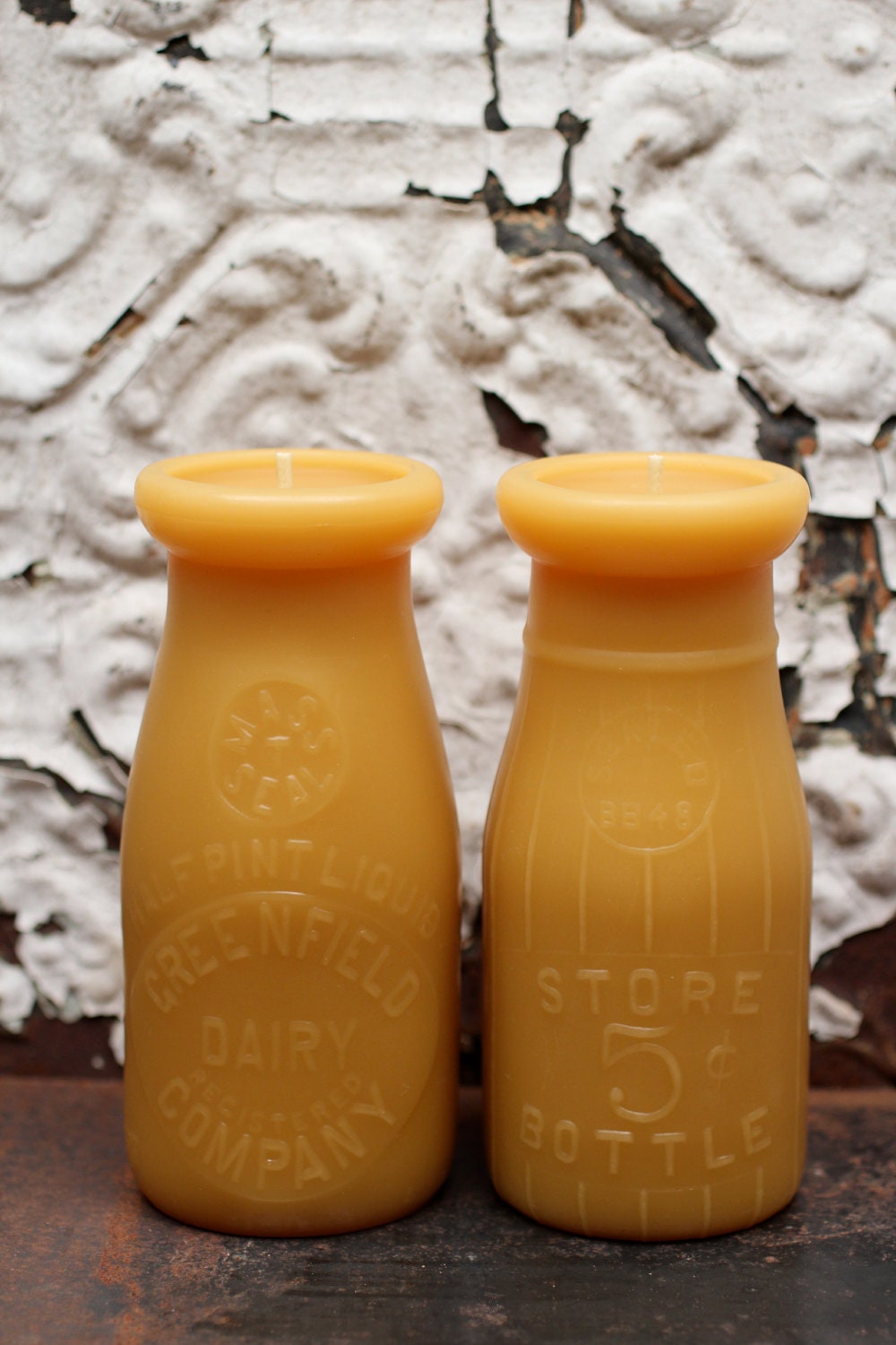 Beeswax Candle Set - Two Dairy 1/2 Pint Bottles - 1930's
