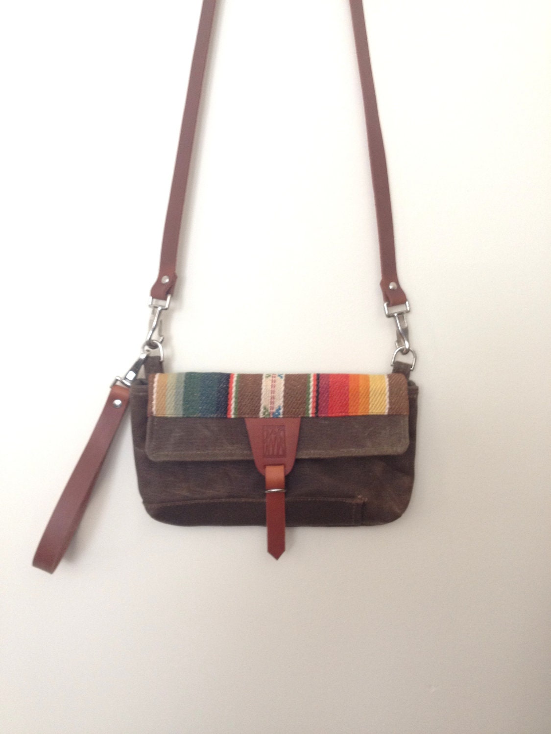 The Ripton Clutch with Detachable Shoulder Strap // Tan Waxed Canvas & Bright Rainbow Stripe with Leather Straps