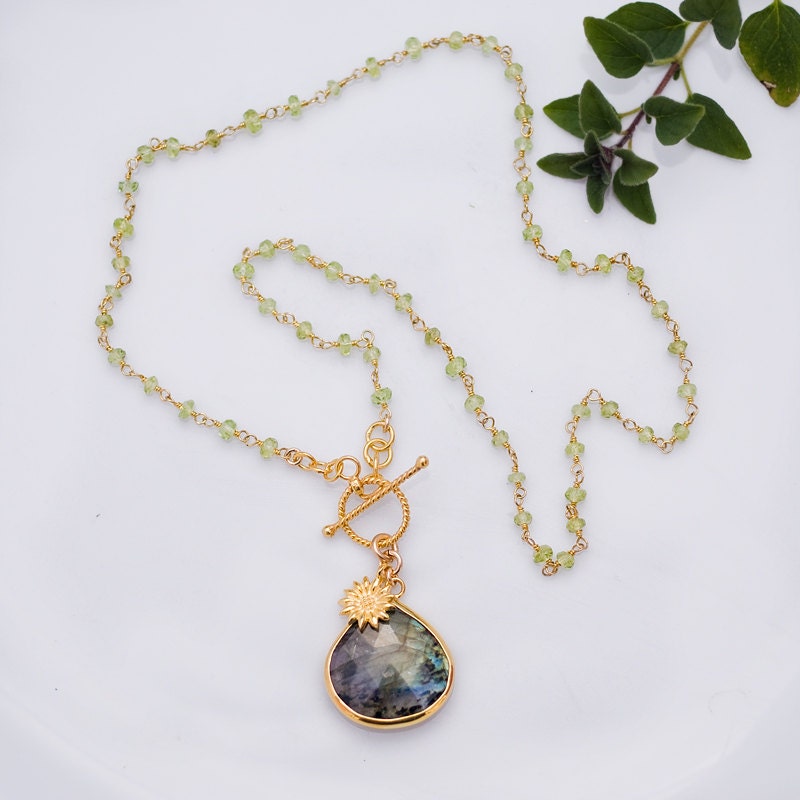 Lariat Necklace - Labradorite Necklace - Wire wrapped Peridot and Sunflower Charm Necklace - August Birthstone