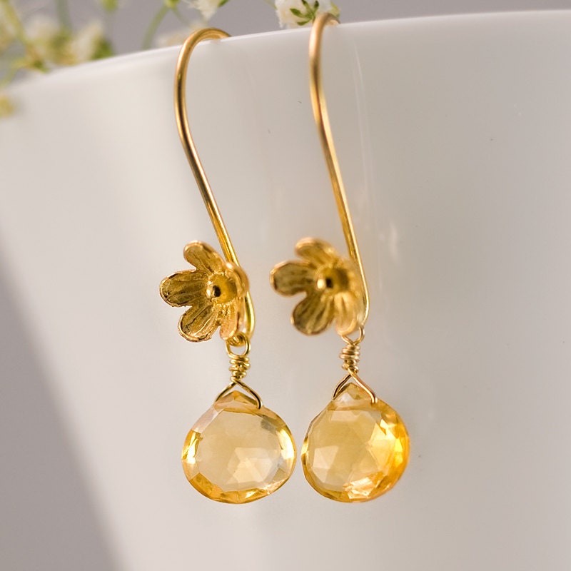 November Birthstone Earrings - Citrine Earrings - Gold Earrings - Flower Earrings - Mother's Day Gift