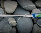 Sea Glass Letter Opener made with Recycled Bottle "Tumbled Island Glass"  in Blue and Green Stripes Stainless Steel.