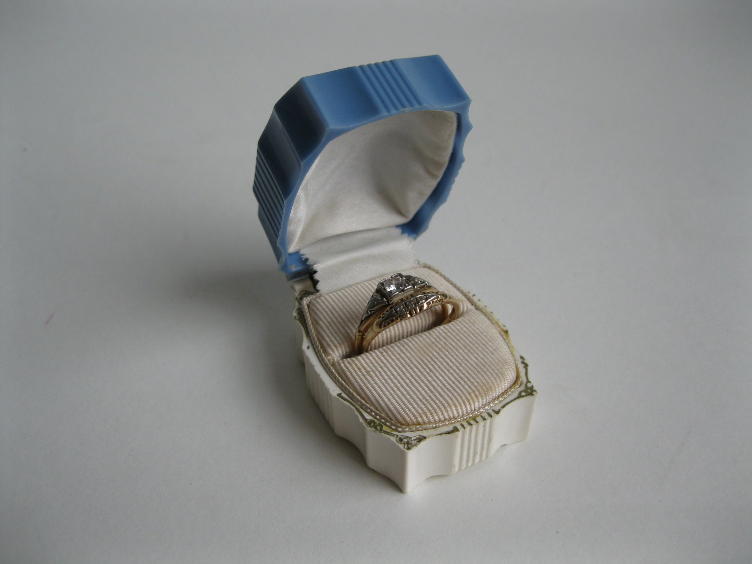 Vintage 1940s Ring Box Wedding Engagement Blue White 1950s