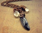 Stone Necklace - Kyanite Dagger Dark Blue Denim Gray White Faceted Moonstone Briolettes Antiqued Copper Chain Bohemian Boho - Three Friends