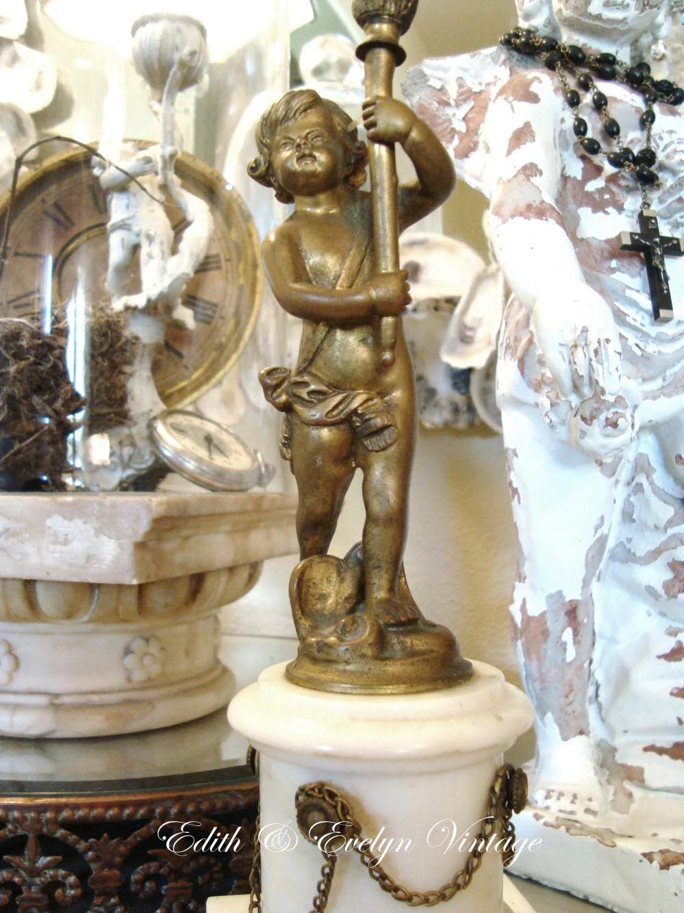 Antique Cherub Candelabra, Two Arm, Putti, Marble and Brass