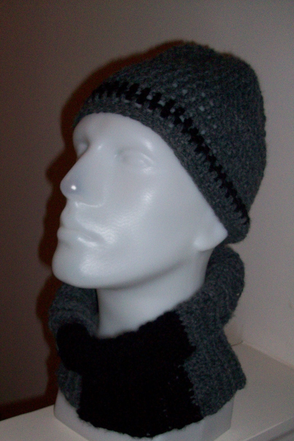 Beanie -  Skull cap - Skully - Cowl  - Hat & Scarf Knit Set -  Grey - Hand Crocheted  - Men - Boys - Great Gift