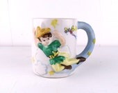 SALE vintage peter pan and tinkerbell disney ceramic handpainted mug FLYING