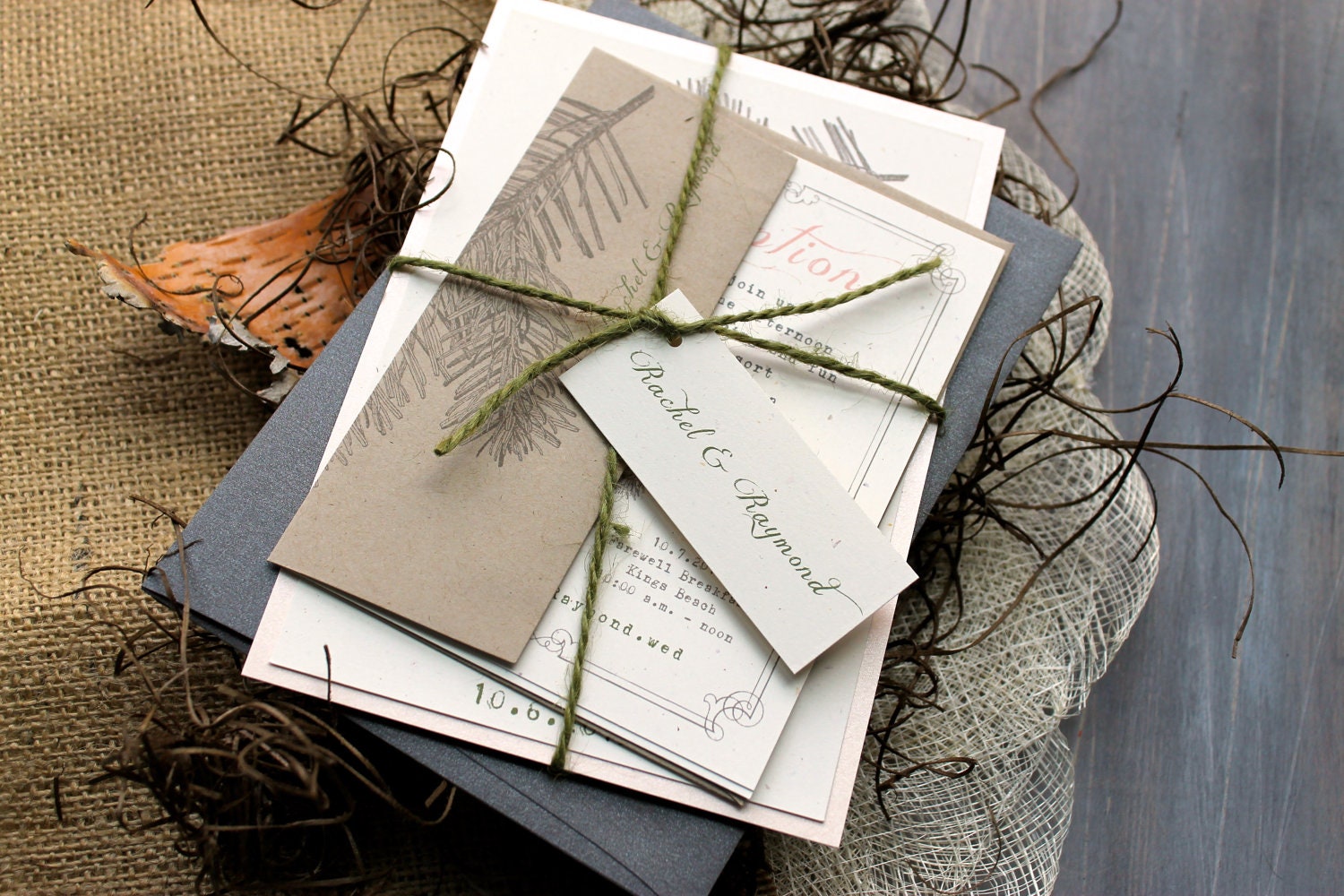 Moss Tree - Rustic, Chic, & Elegant Wedding Invitations, Moss Twine, Peach - Purchase for a Sample