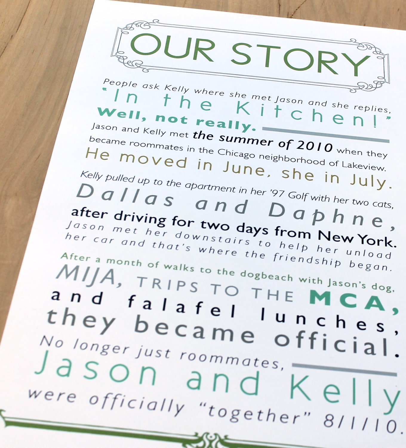 Our Story - Wedding Poster, Green, Unique, Couples Story, Custom Wedding Poster, Sign, 11x17