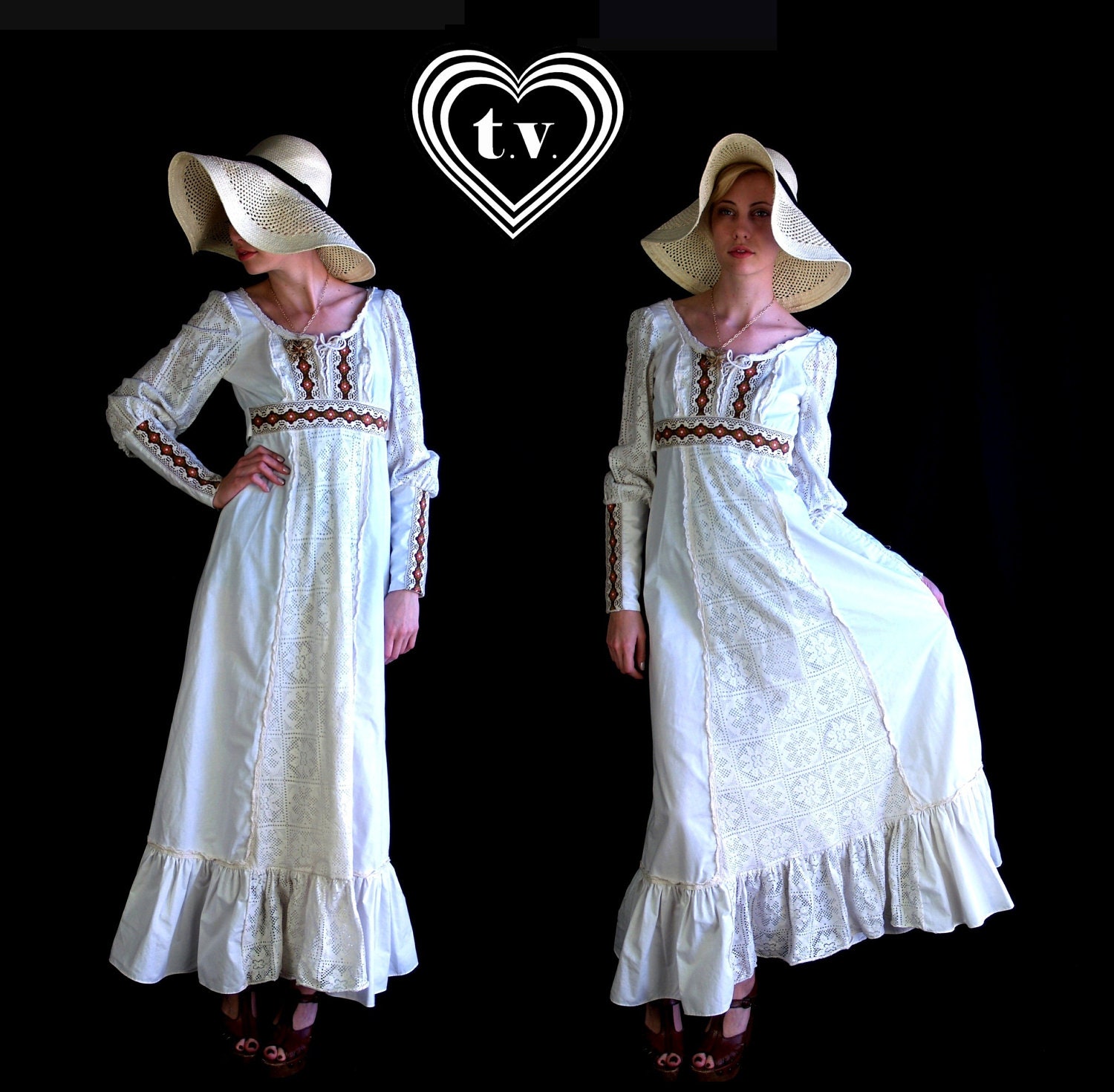vtg 70s white crochet lace GUNNE SAX corseted Maxi DRESS xxs hippie boho