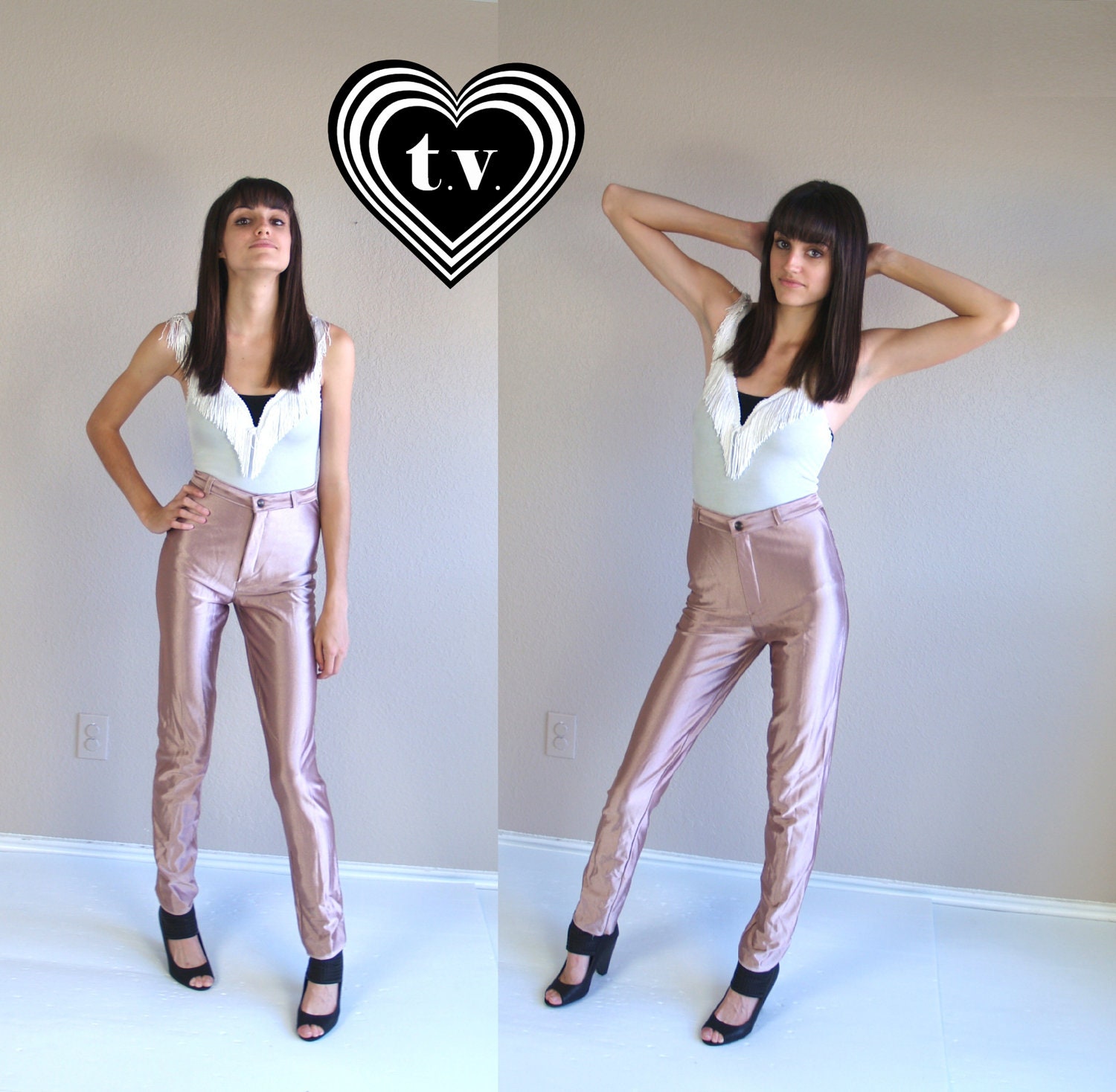 vtg 70s cosmic COPPER metallic DISCO PANTS Shiny Spandex Glam Pants xs/small skinny