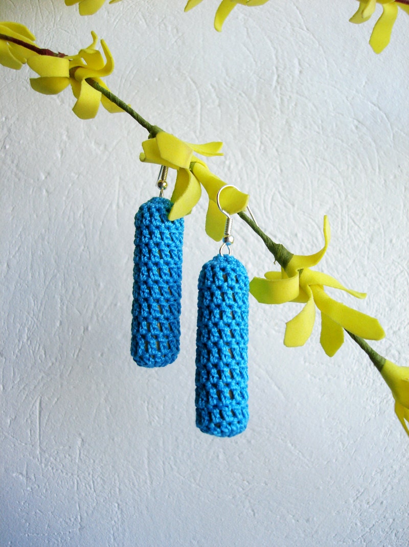 Jewelry - Earrings - Dangle Cylinder Shaped Crochet Dangle Earrings in Turquoise