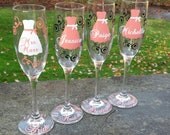 Bridesmaid dress champagne flutes glasses, name over the dress with title and date on the base, your choice of colors. 1 glass.