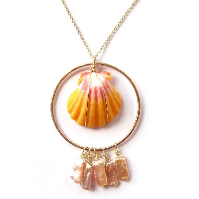 Sunrise Shell Necklace, Rare, Hawaii Beach Jewelry, Gold, Orange, Pink, Hawaiian Shell Jewelry