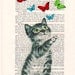 Drawing Illustration Giclee Prints Posters Mixed Media Art Acrylic Painting Holiday Decor Gifts for her: Cat playing with butterflies