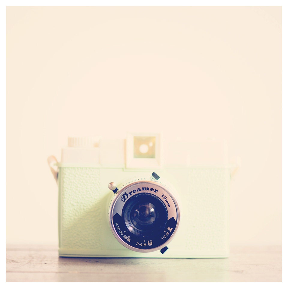 dreamer camera mint photo print - whimsical fine art still life photography, gift, nursery wall art, lens, green, lomo, cream