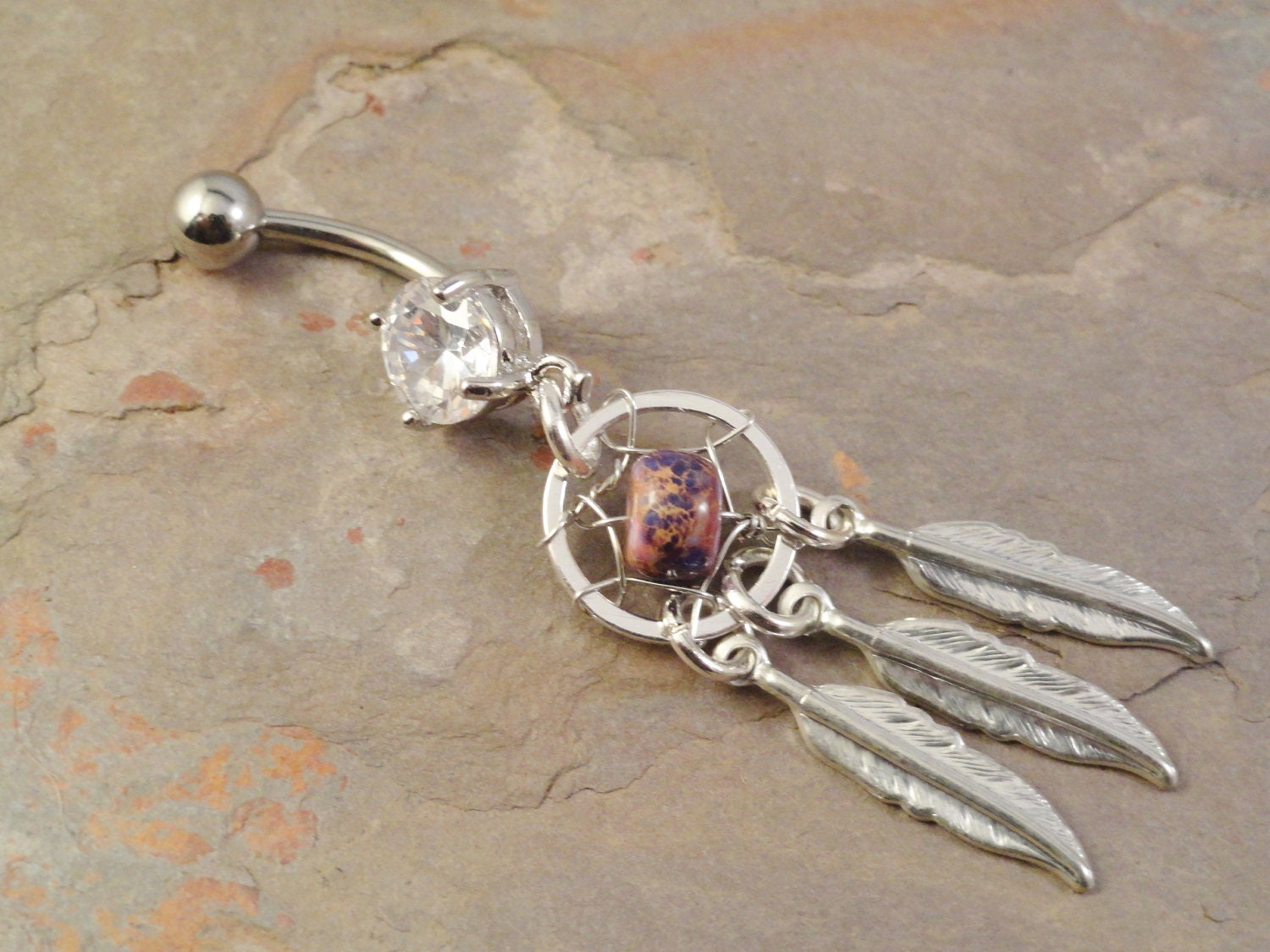 Purple Dream Catcher Belly Button Jewelry Beaded Jasper