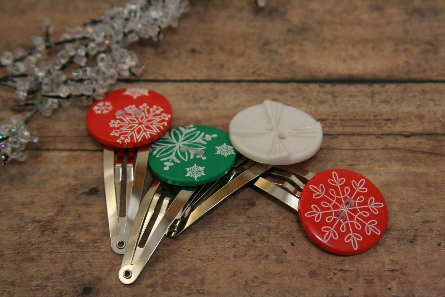 Christmas hair clips - snowflake hair clips - made with red and green snowflake buttons - Set of 4