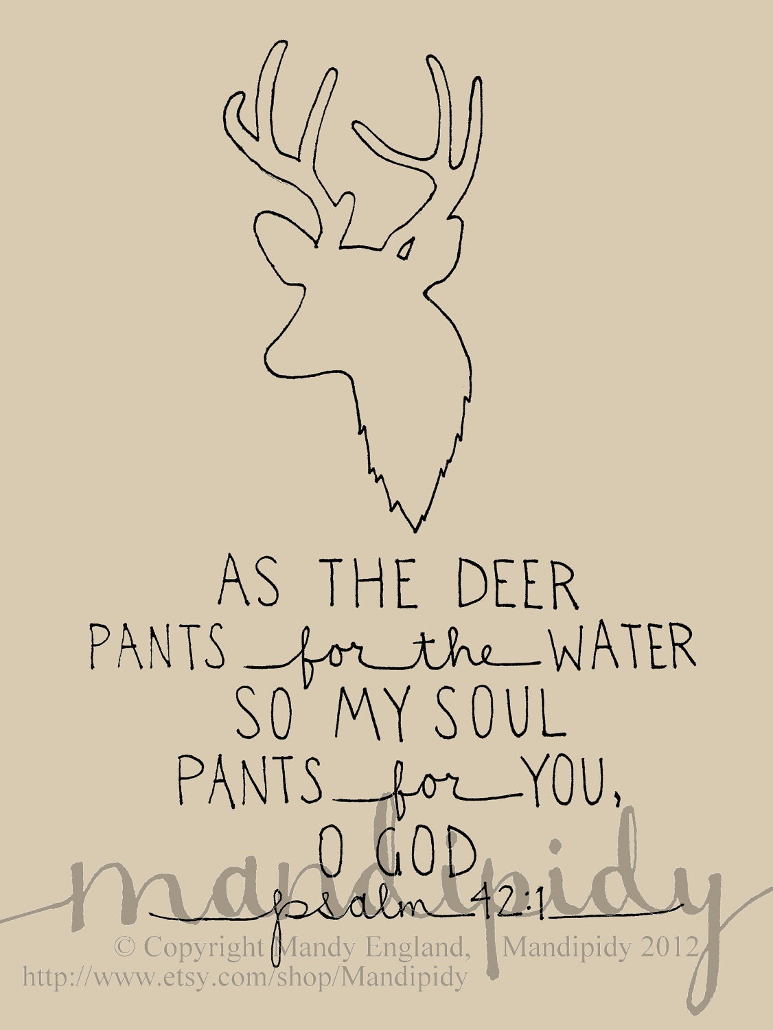 As the Deer - Psalm 42:1 - Printed on Kraft Paper - Illustrated Print by Mandipidy
