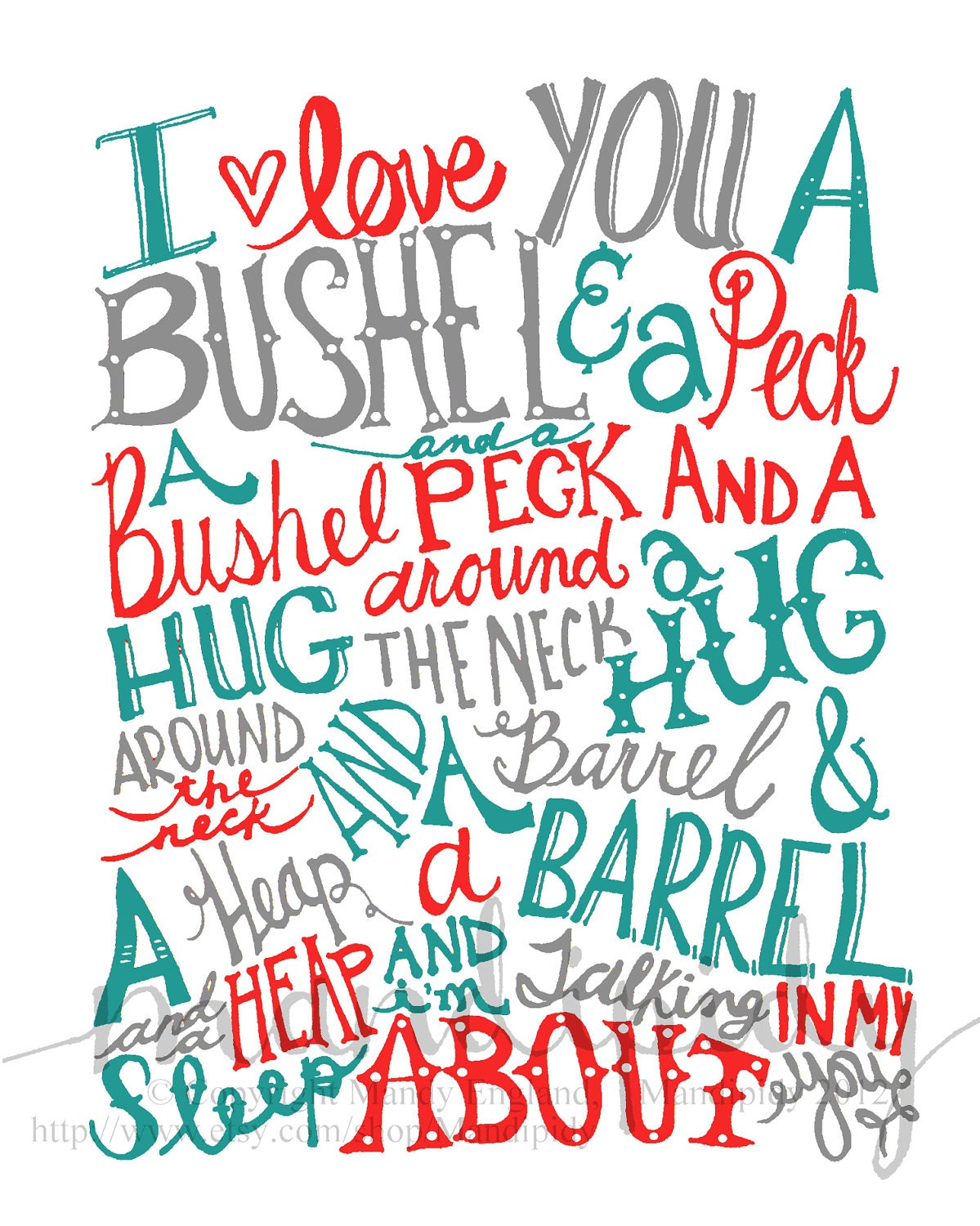 Bushel and a Peck - Red, Teal, Gray Vintage Text - 8x10 Illustrated Print by Mandipidy
