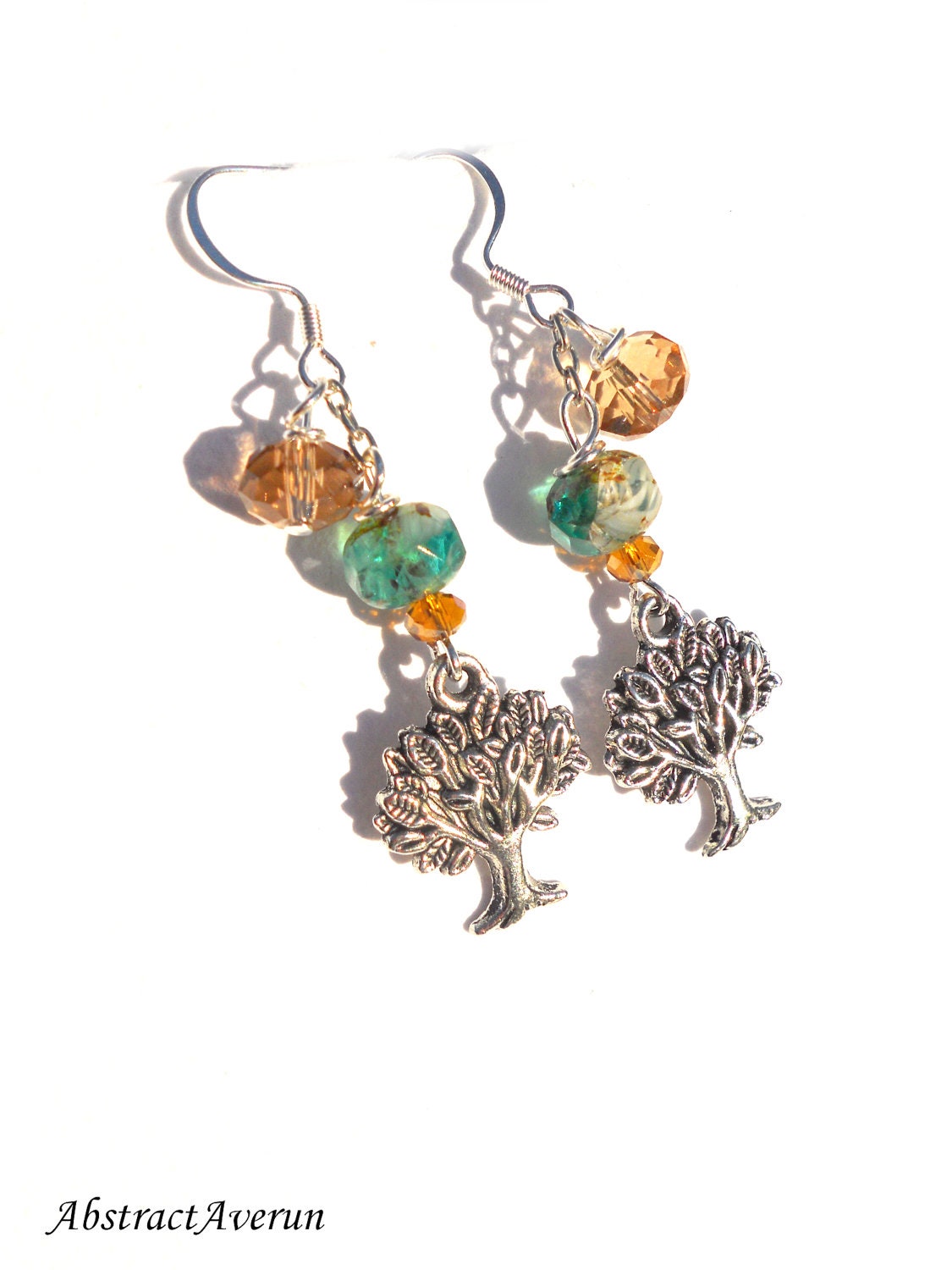 Fall Earrings - Tree - Czech Glass, and Crystal Rondelle Beads - Charm, Chain, Dangle Earrings