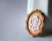 Crisp White Vintage Lace and Peach Felt Wooden Brooch, Lace and Mahogany Series