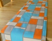 Table Runner - Hopscotch Mandarin, 73 x 13.5, aqua and orange, geometric brick