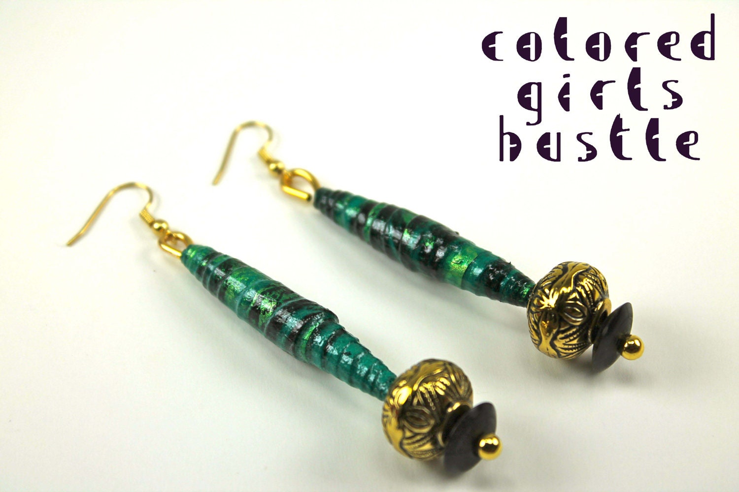 Green Cylinder Paper Bead Earrings with Gold Trim