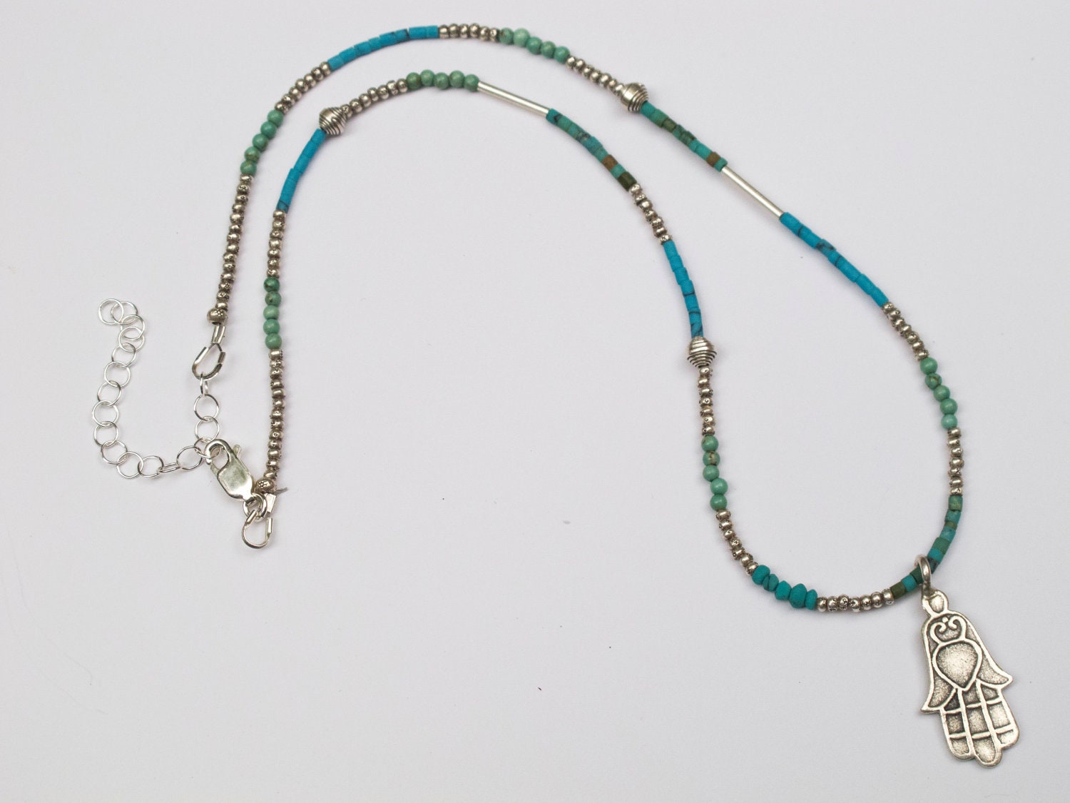 Silver, Turquoise & Amazonite Beaded Hamsa Necklace