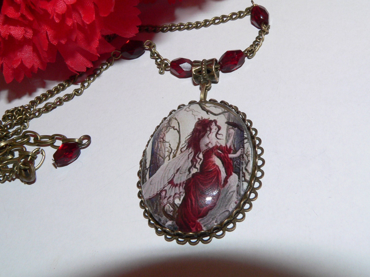 Snow White Fairy Cameo Necklace Glass Cabochon Cameo with Antique Brass