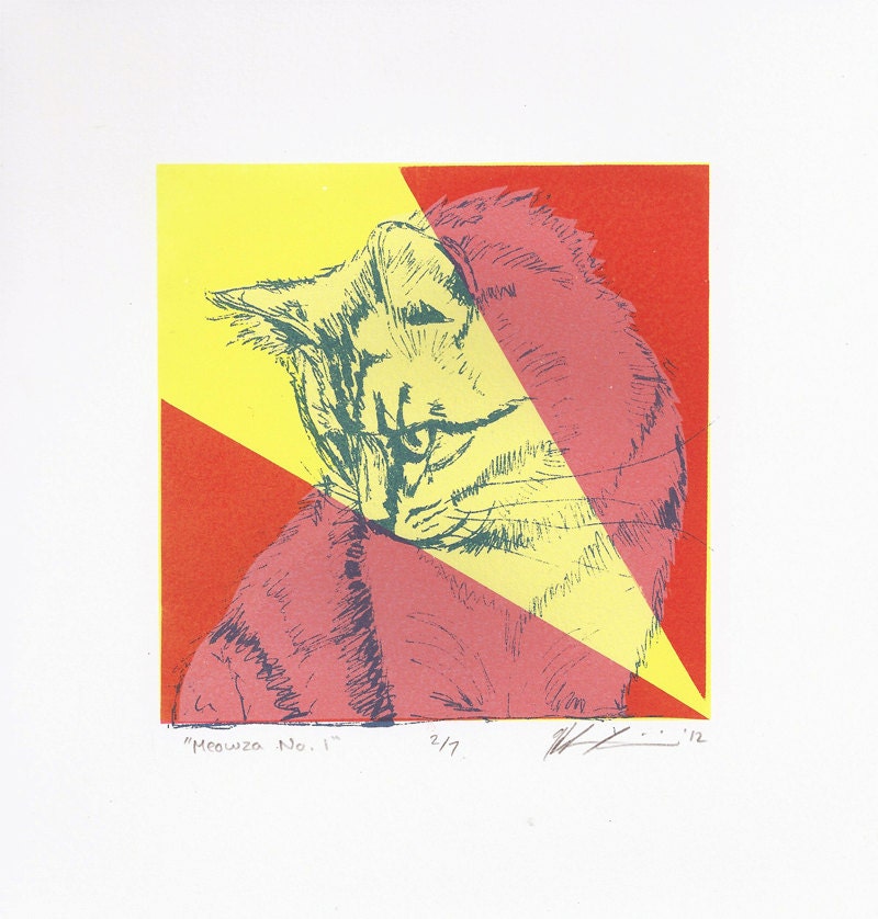 Meowza No 1 - Silkscreen Print of a Cat Portrait - 5x5