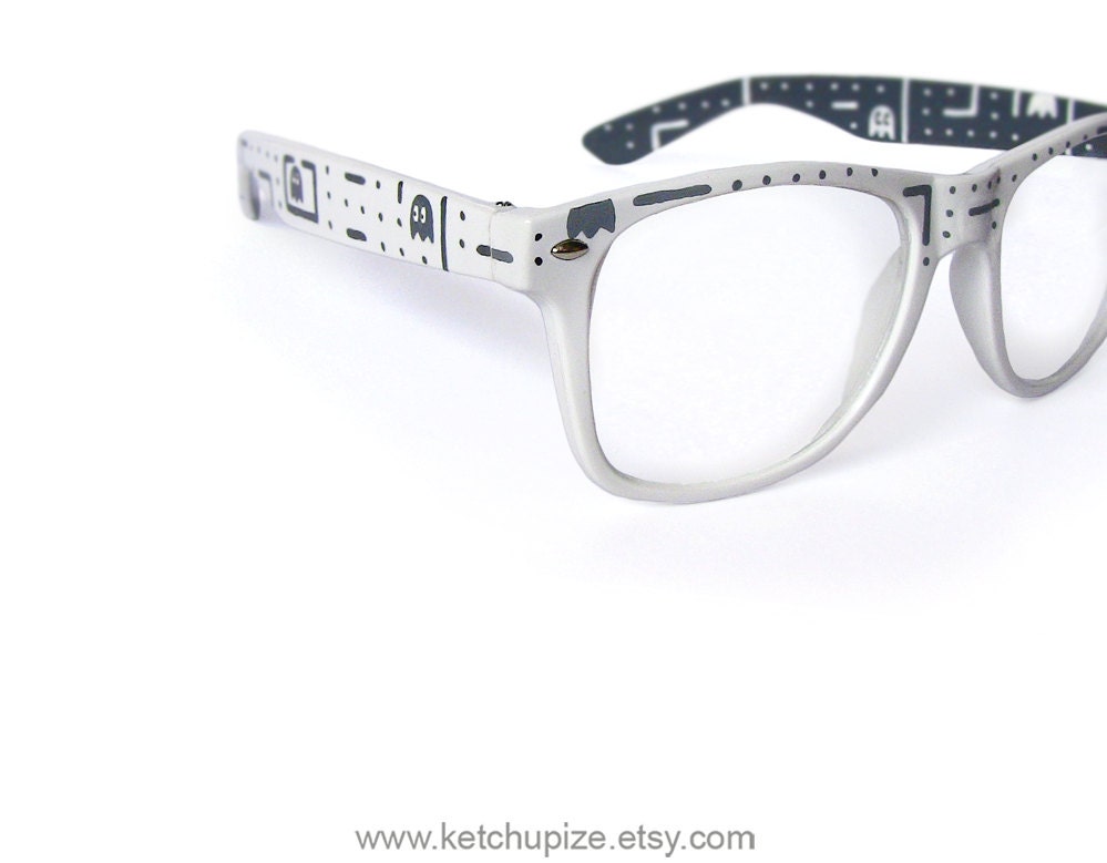 Glasses - Custom Wayfarer style clear lens glasses sunglasses Pacman 80s retro 8bit grey white yellow